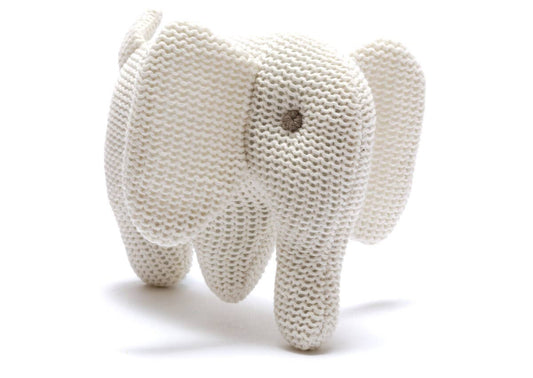 Knitted White Organic Cotton Elephant Baby Rattle
